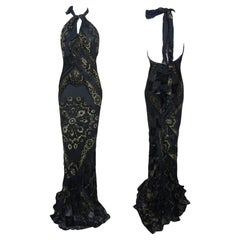 ROBERTO CAVALLI F/w 2004 Abito da Sera Barocco con Halter Nero e Oro Nuovo Con Etichetta