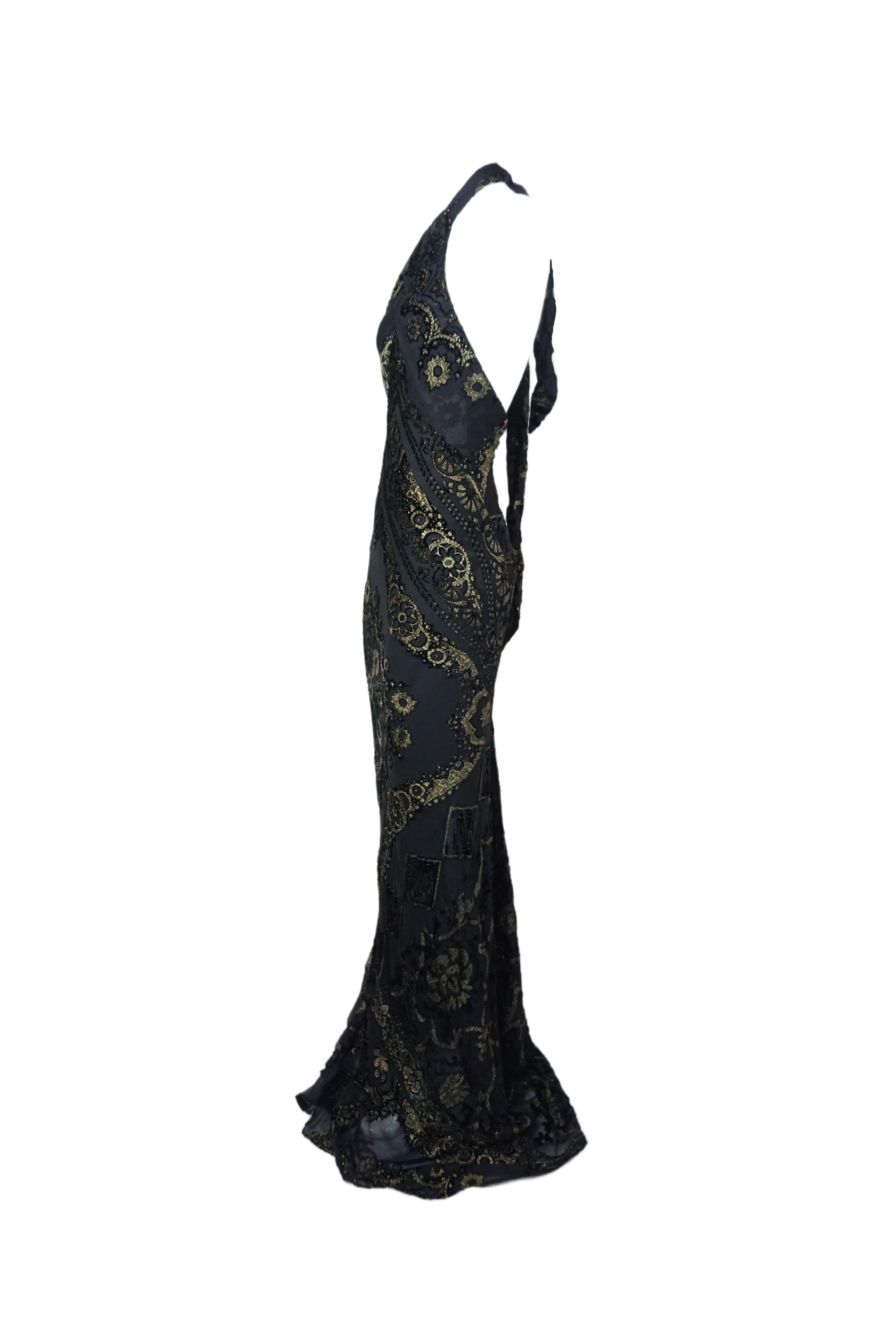 ROBERTO CAVALLI F/w 2004 Schwarz und Gold Barock Halter Abendkleid Neu Mit Tag Damen im Angebot