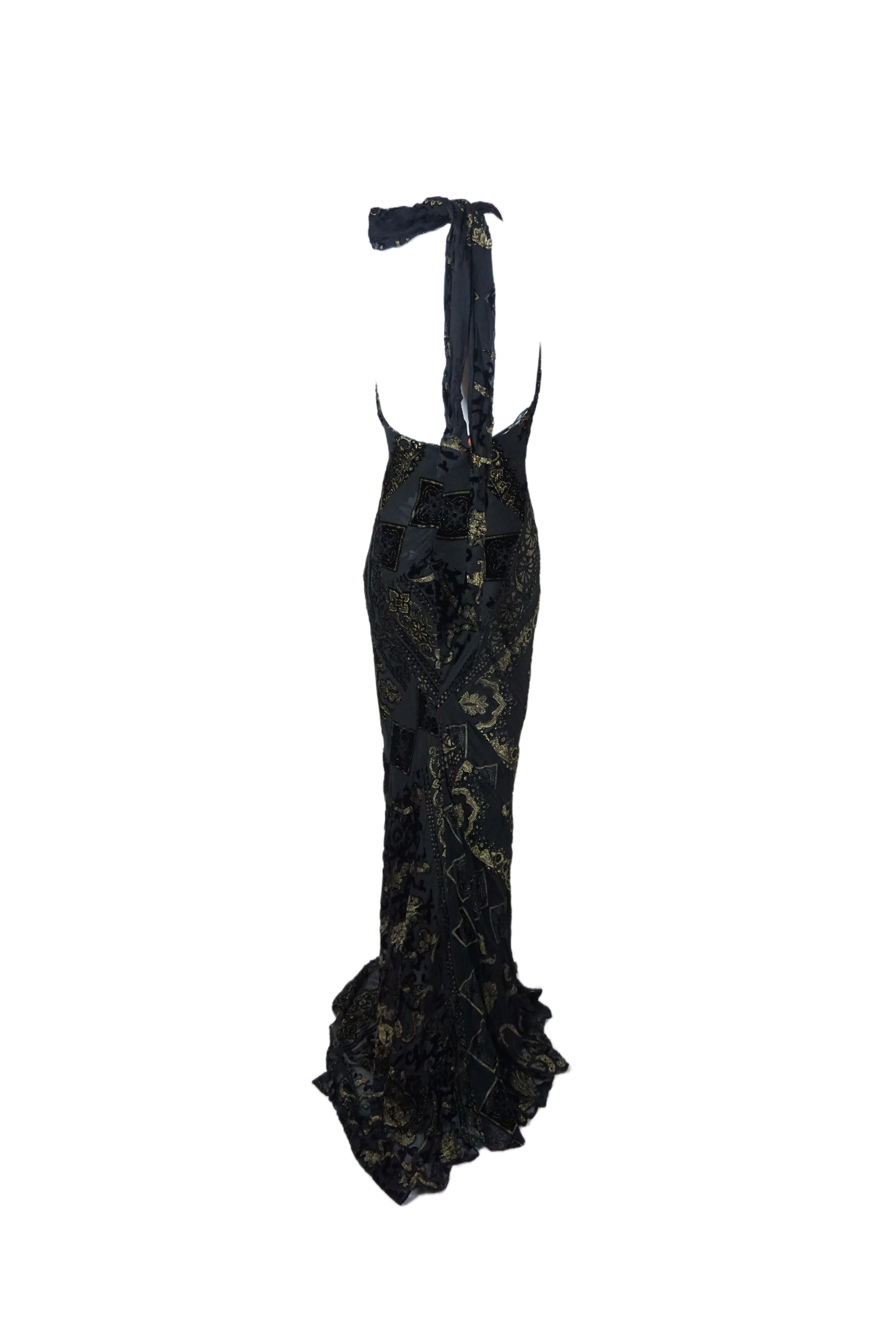 ROBERTO CAVALLI F/w 2004 Schwarz und Gold Barock Halter Abendkleid Neu Mit Tag im Angebot 1