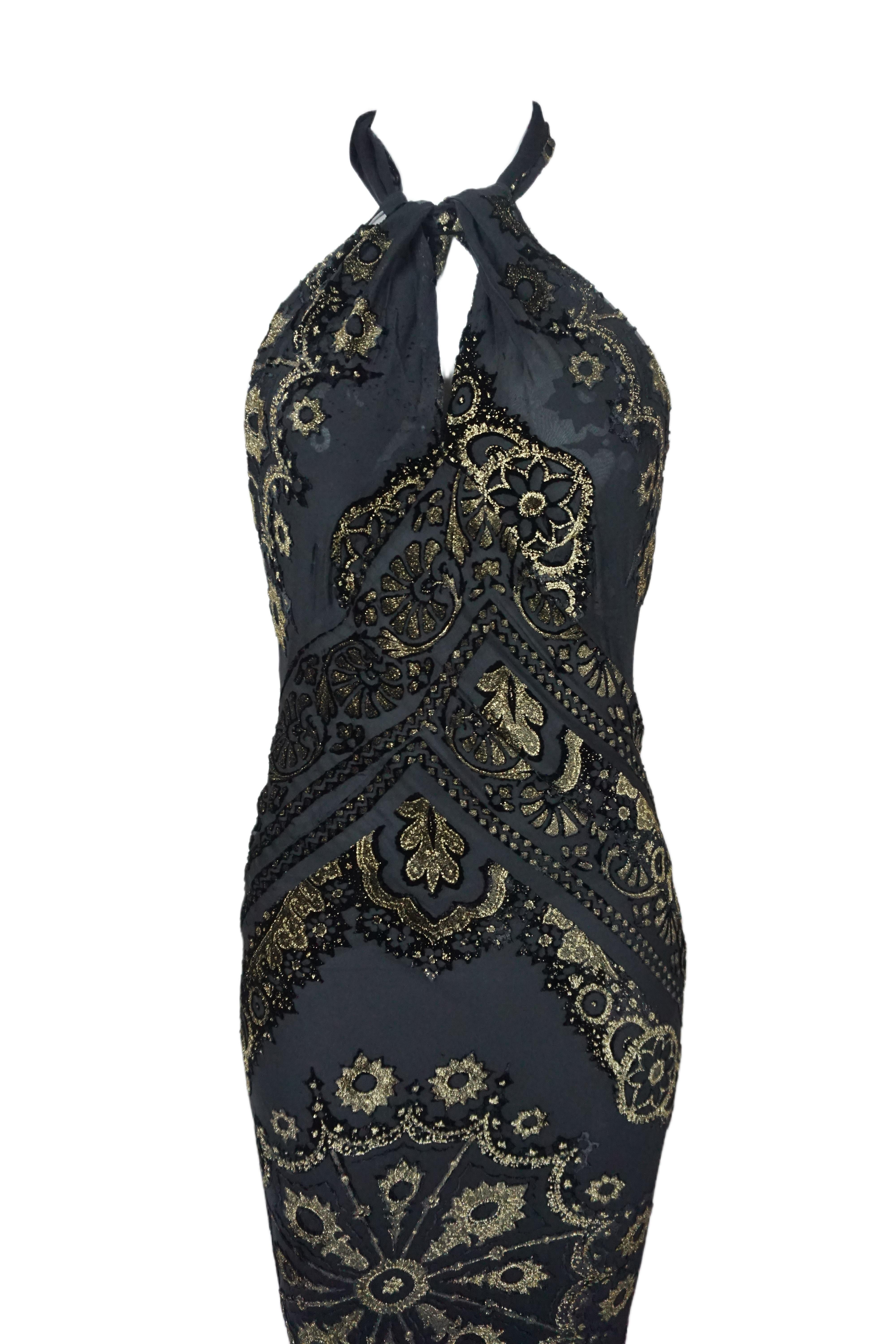 ROBERTO CAVALLI F/w 2004 Schwarz und Gold Barock Halter Abendkleid Neu Mit Tag im Angebot 2