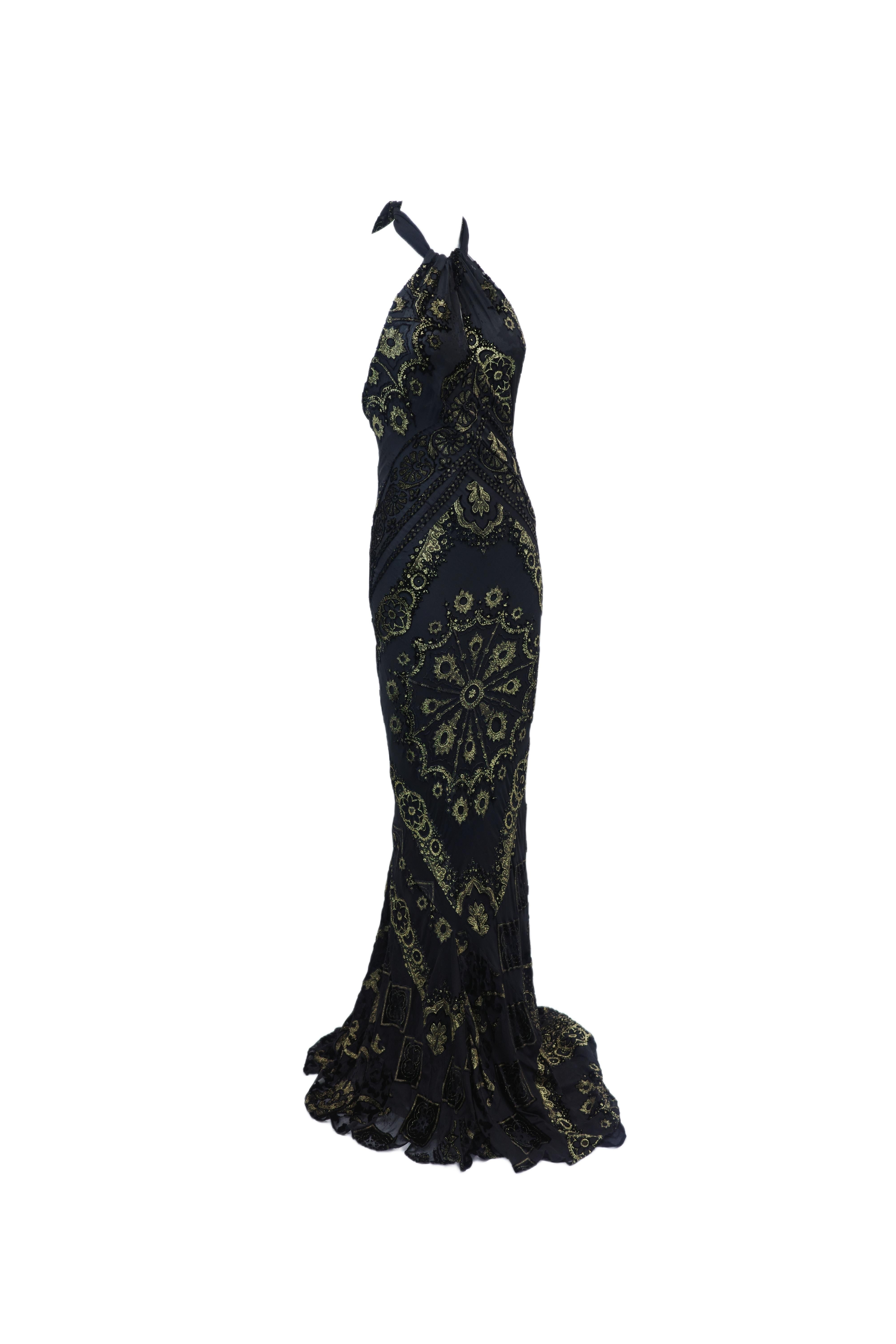 ROBERTO CAVALLI F/w 2004 Schwarz und Gold Barock Halter Abendkleid Neu Mit Tag im Zustand „Neu“ im Angebot in 上海市, CN