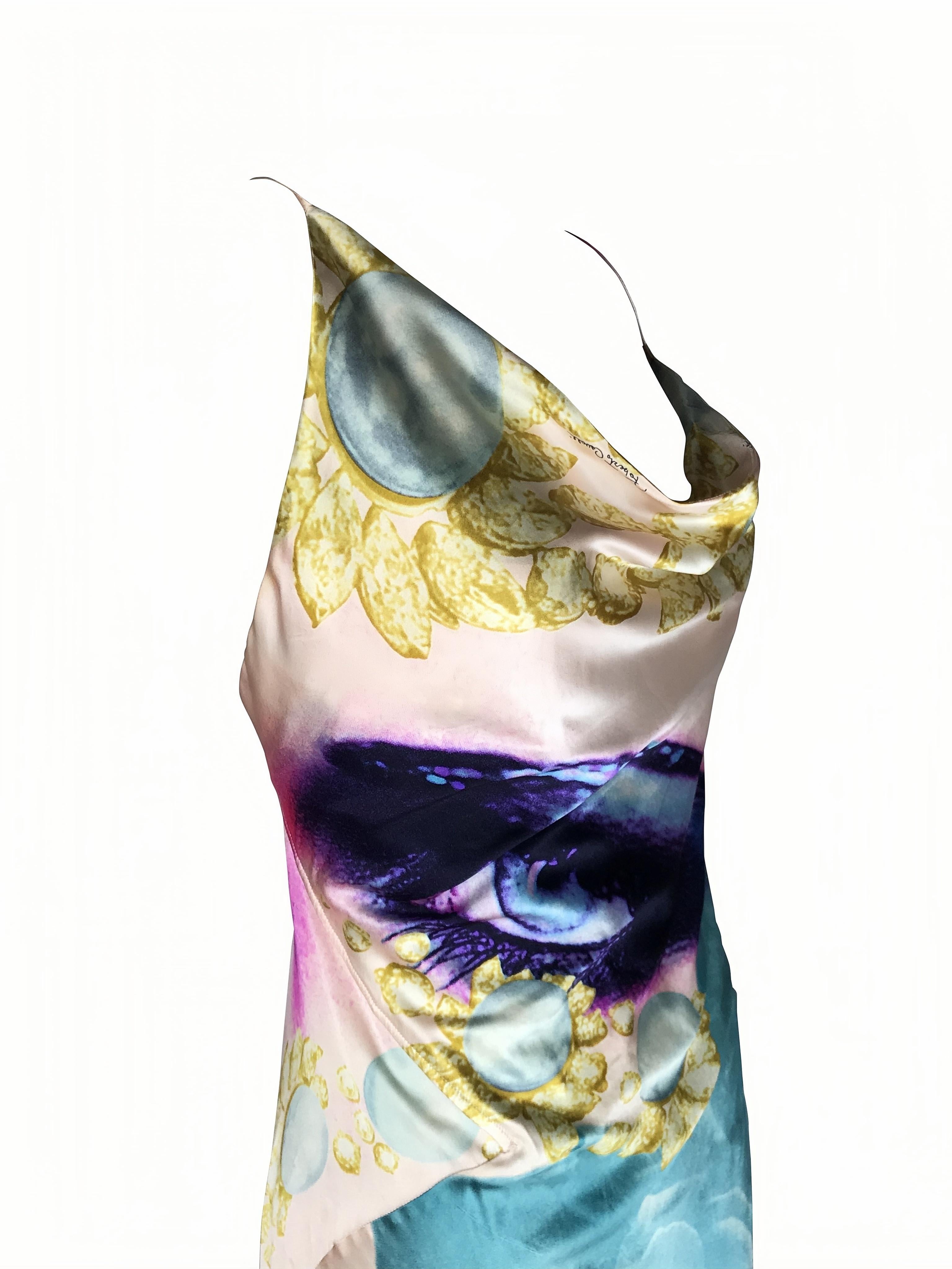 ROBERTO CAVALLI S/s 2001 - Robe drapée en soie bleue avec yeux d'Elizabeth Taylor en vente 3