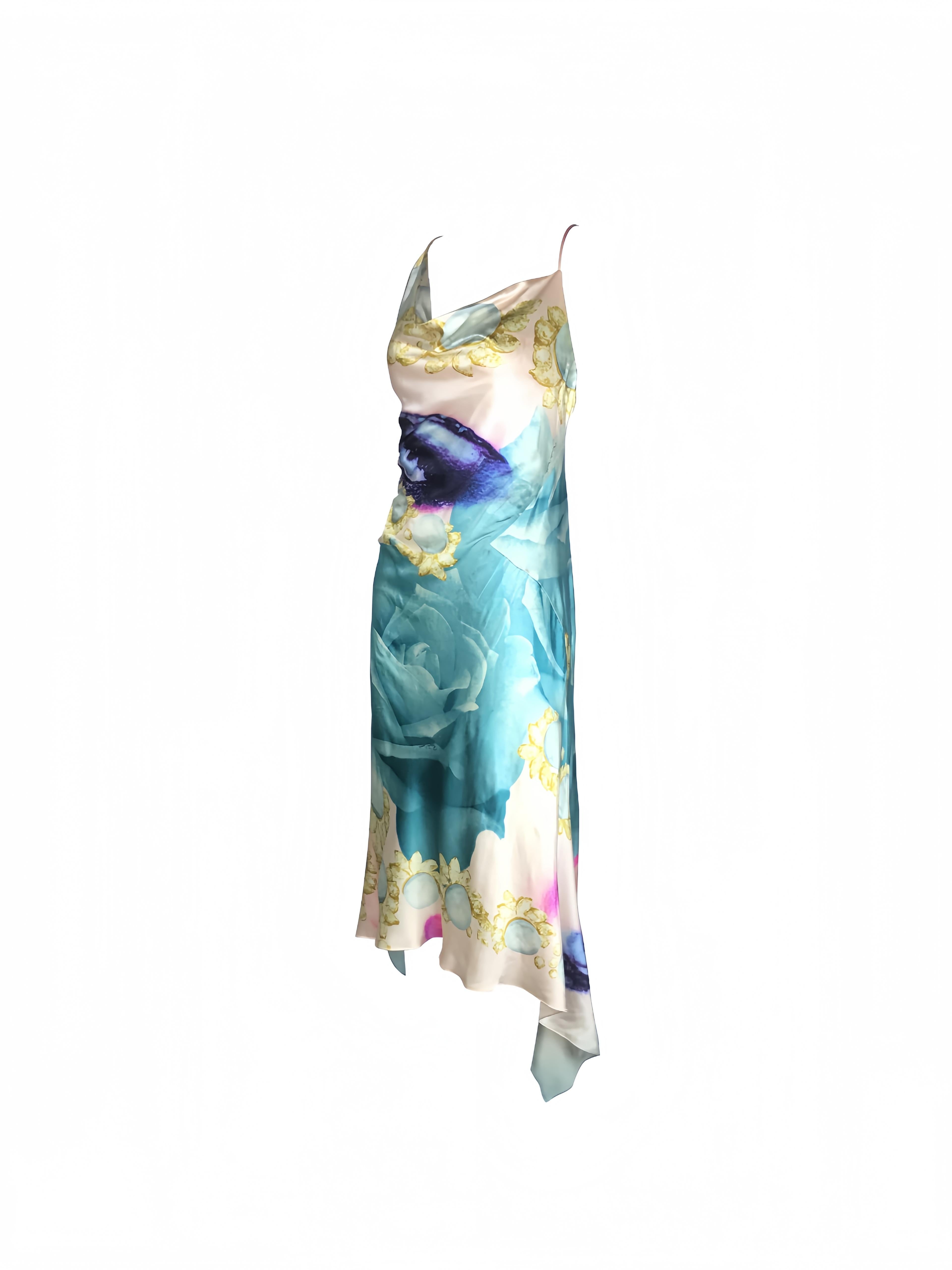 ROBERTO CAVALLI S/s 2001 - Robe drapée en soie bleue avec yeux d'Elizabeth Taylor Excellent état - En vente à 上海市, CN