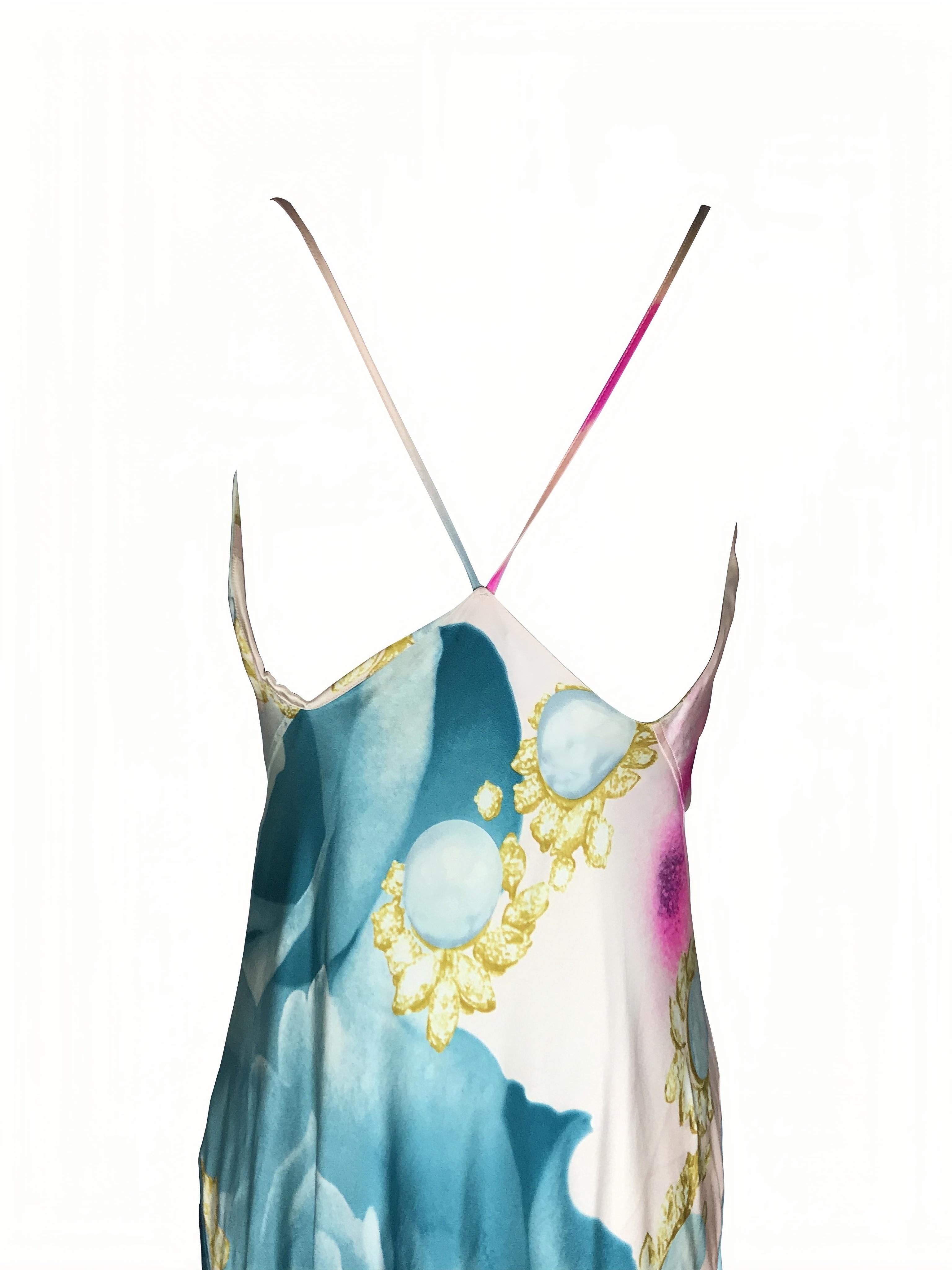 ROBERTO CAVALLI S/s 2001 - Robe drapée en soie bleue avec yeux d'Elizabeth Taylor en vente 5