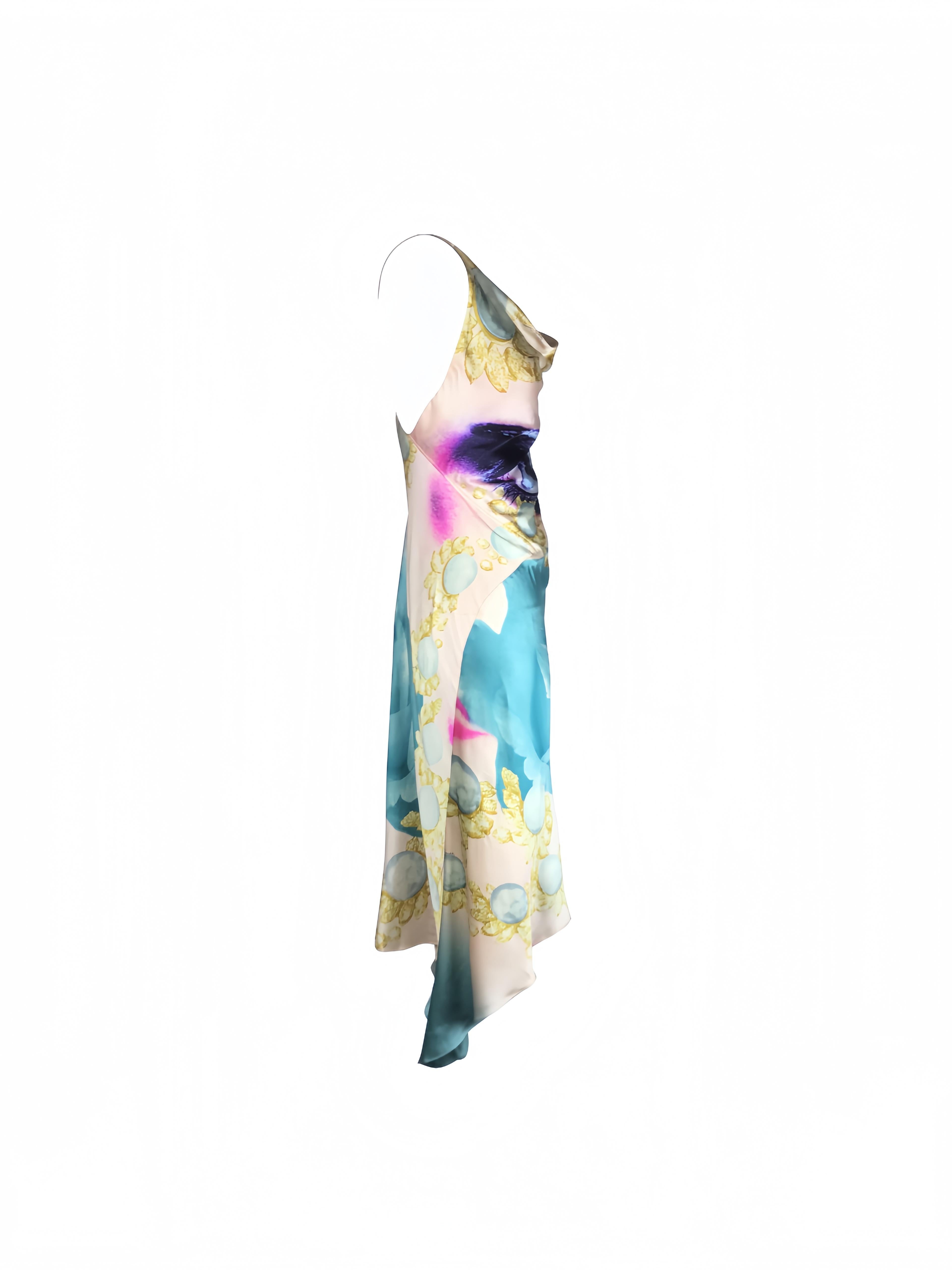 ROBERTO CAVALLI S/s 2001 - Robe drapée en soie bleue avec yeux d'Elizabeth Taylor en vente 2