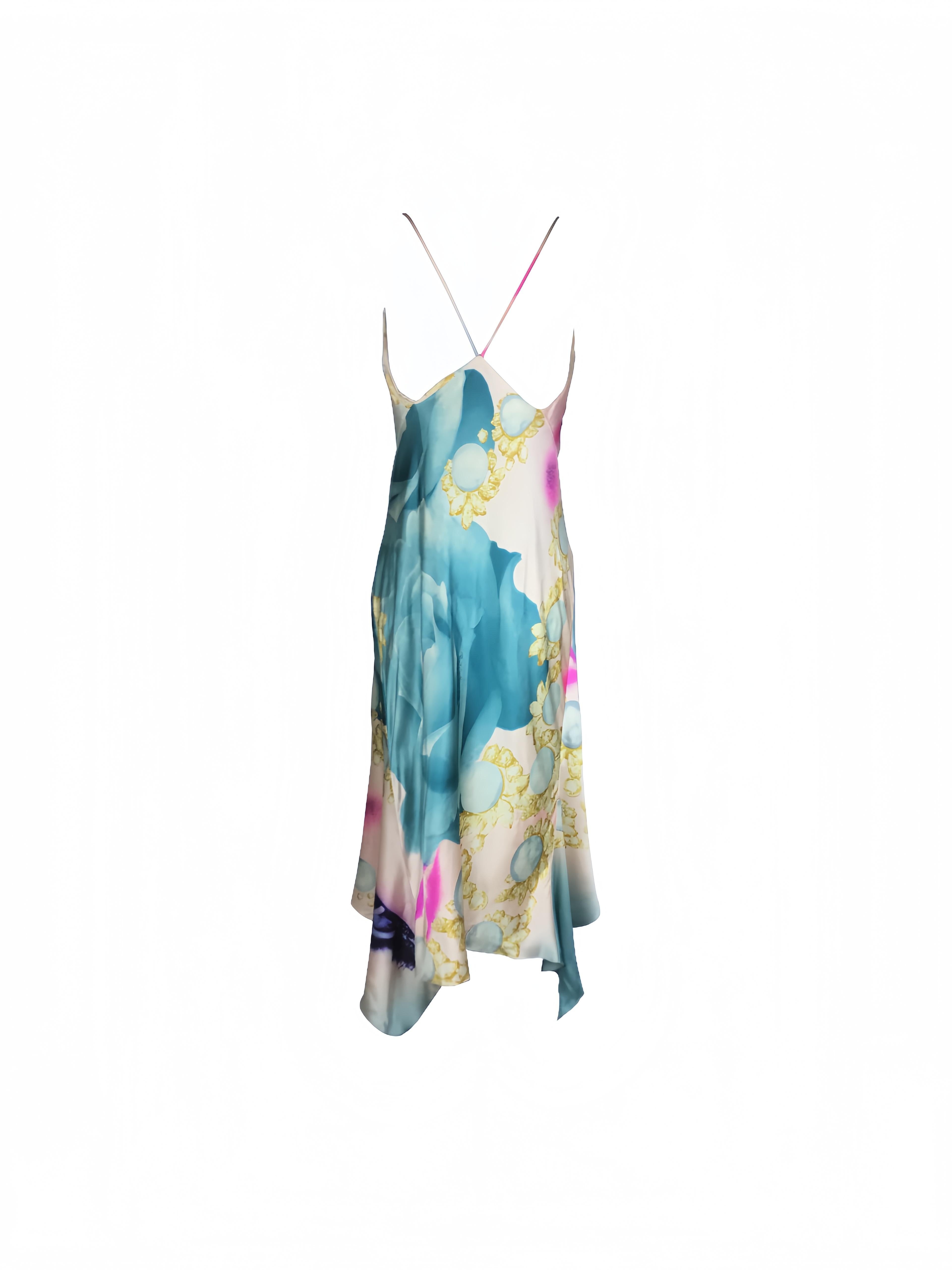 ROBERTO CAVALLI S/s 2001 - Robe drapée en soie bleue avec yeux d'Elizabeth Taylor en vente 1