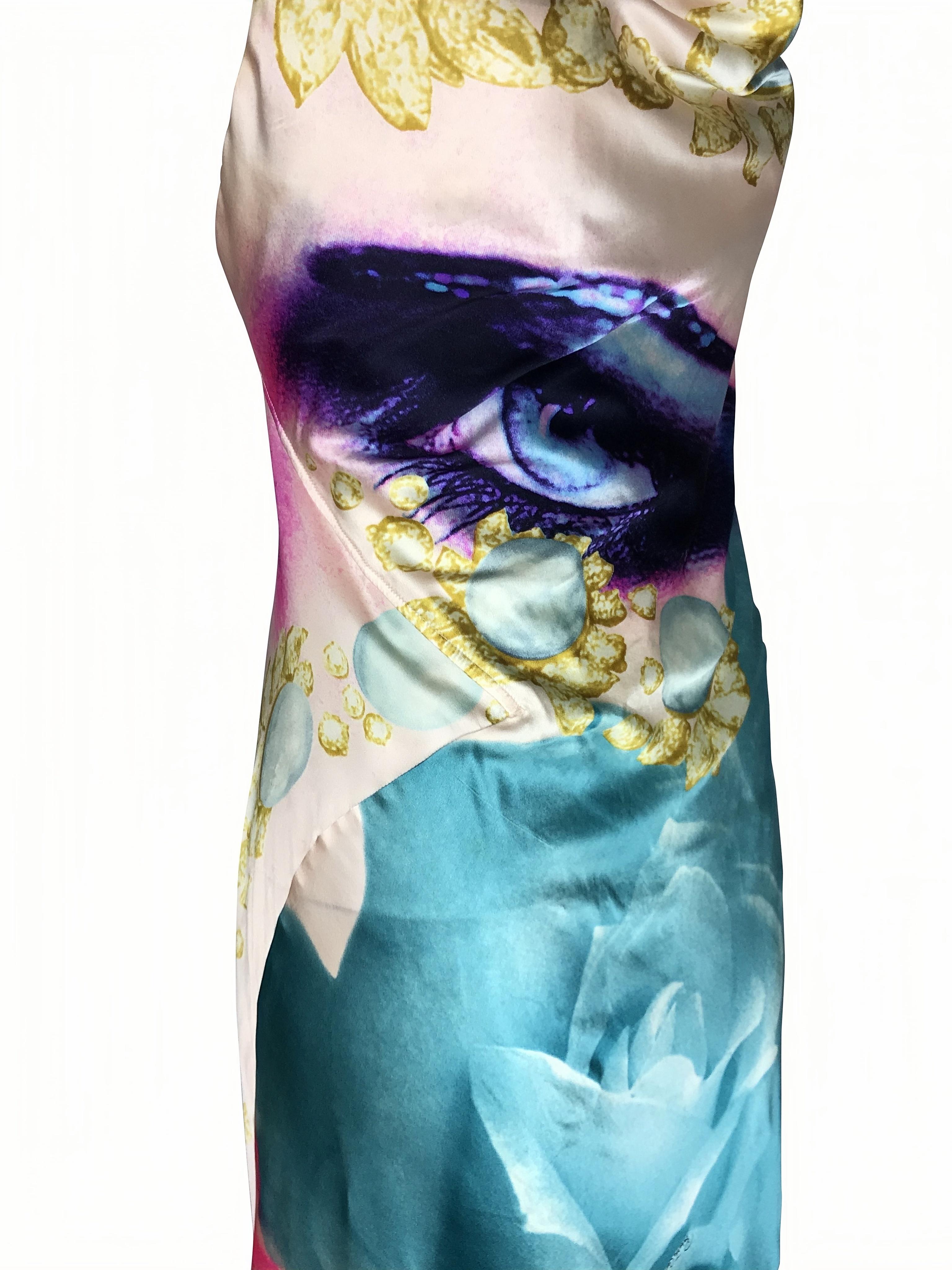 ROBERTO CAVALLI S/s 2001 - Robe drapée en soie bleue avec yeux d'Elizabeth Taylor en vente 4