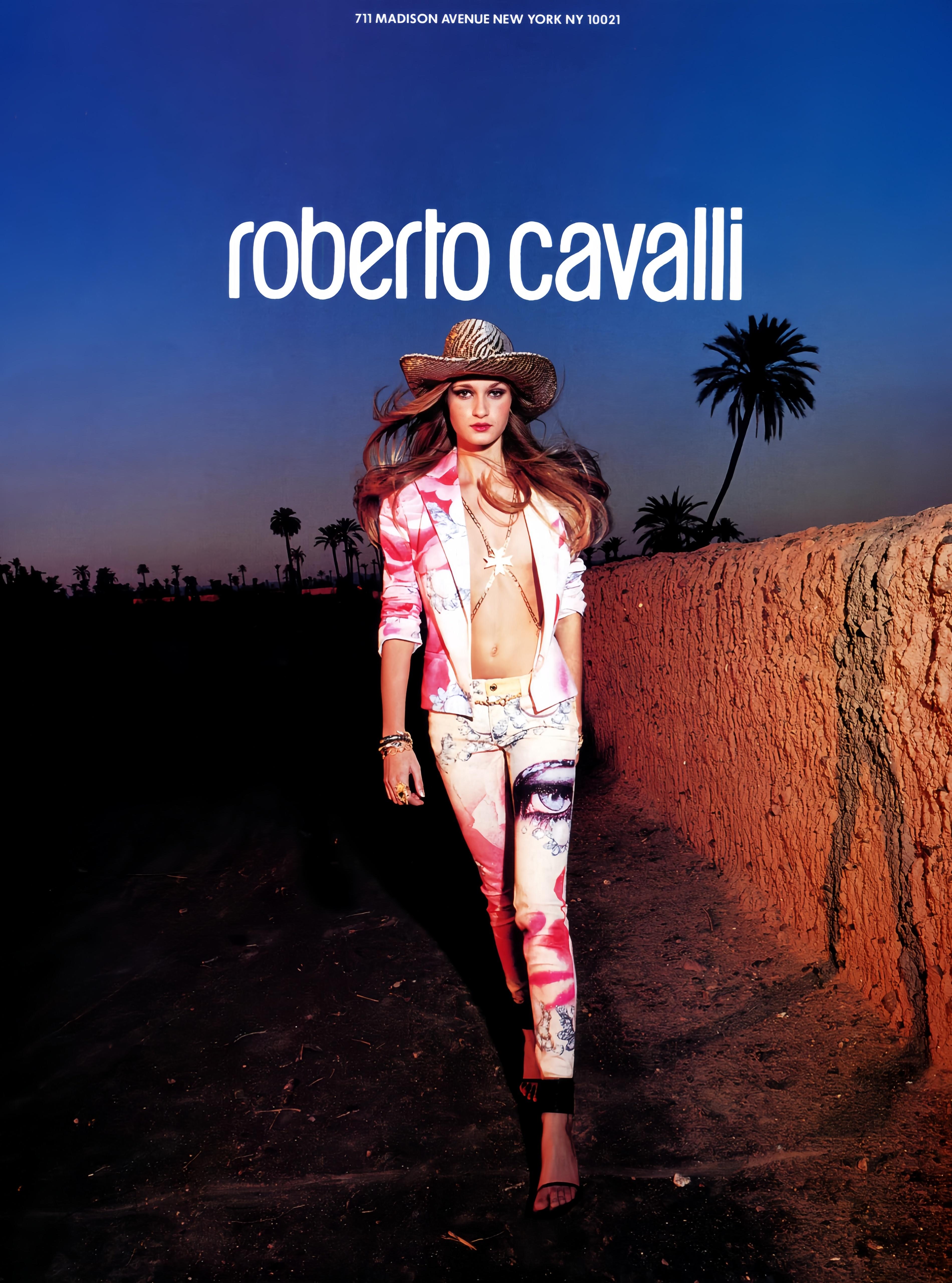 Gris ROBERTO CAVALLI S/s 2001 - Robe drapée en soie bleue avec yeux d'Elizabeth Taylor en vente