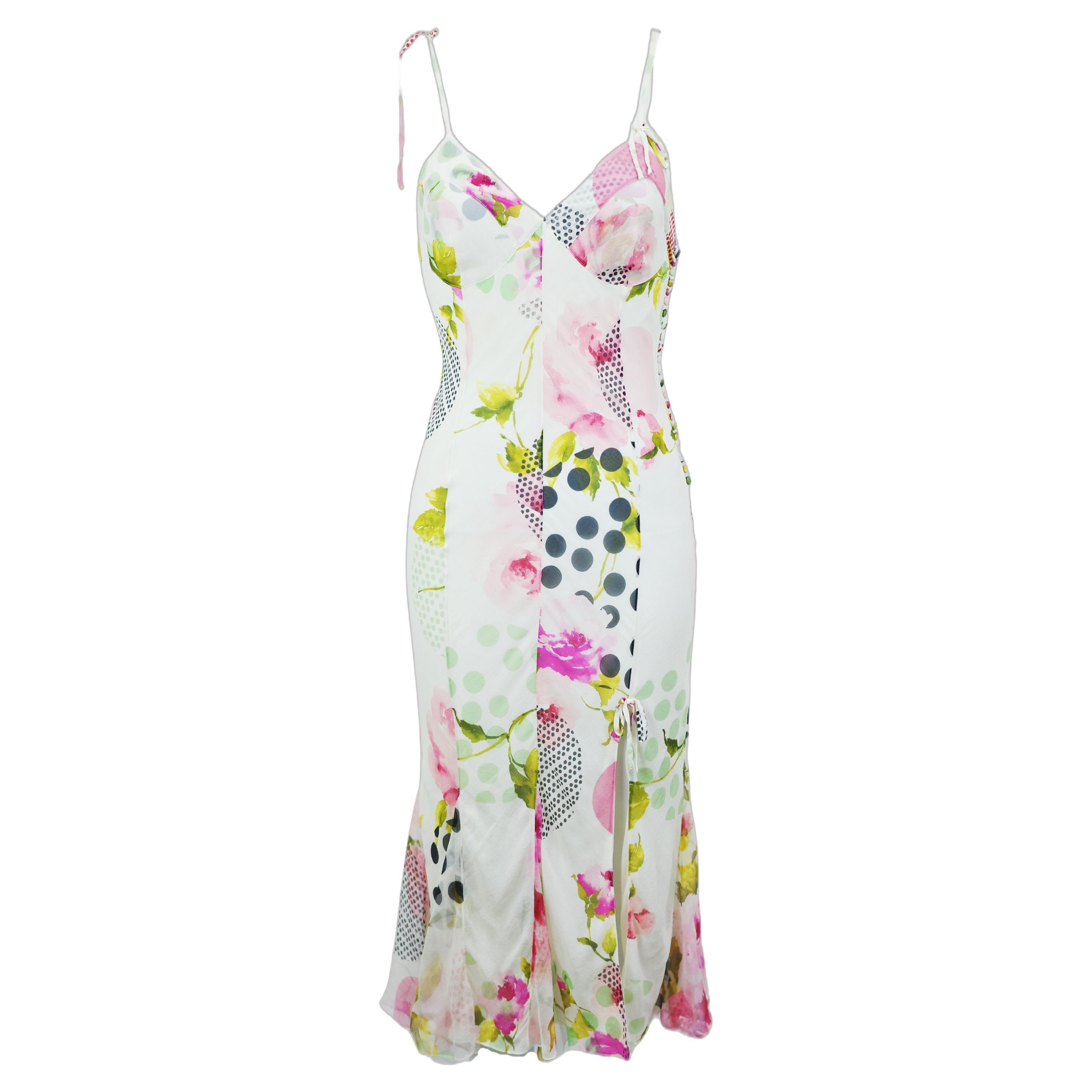 CHRISTIAN DIOR S/s 2004 - Robe midi à bretelles spaghetti, à fleurs et à pois en vente