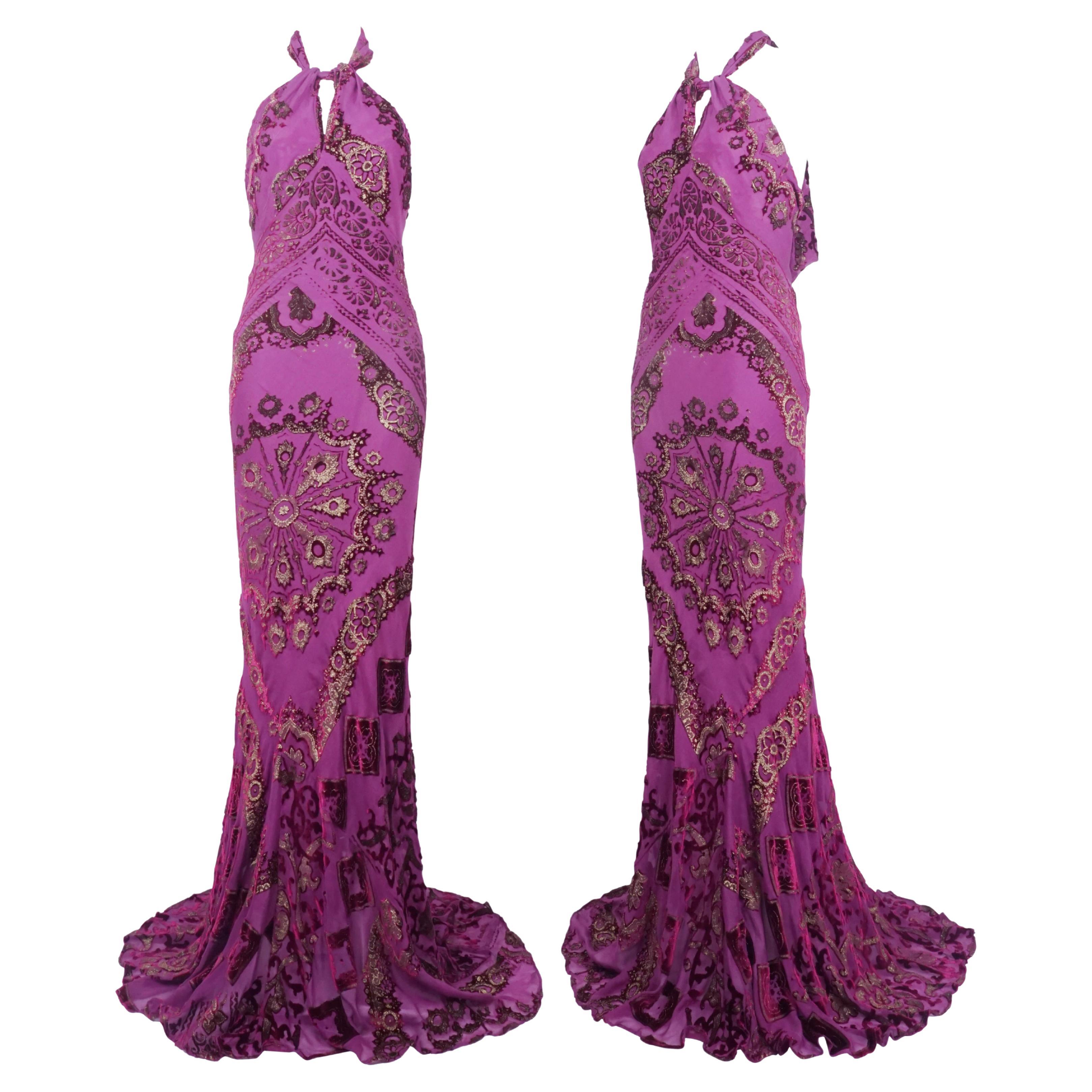 ROBERTO CAVALLI F/W 2004 Barock Lila Besticktes Neckholder Kleid NWT im Angebot