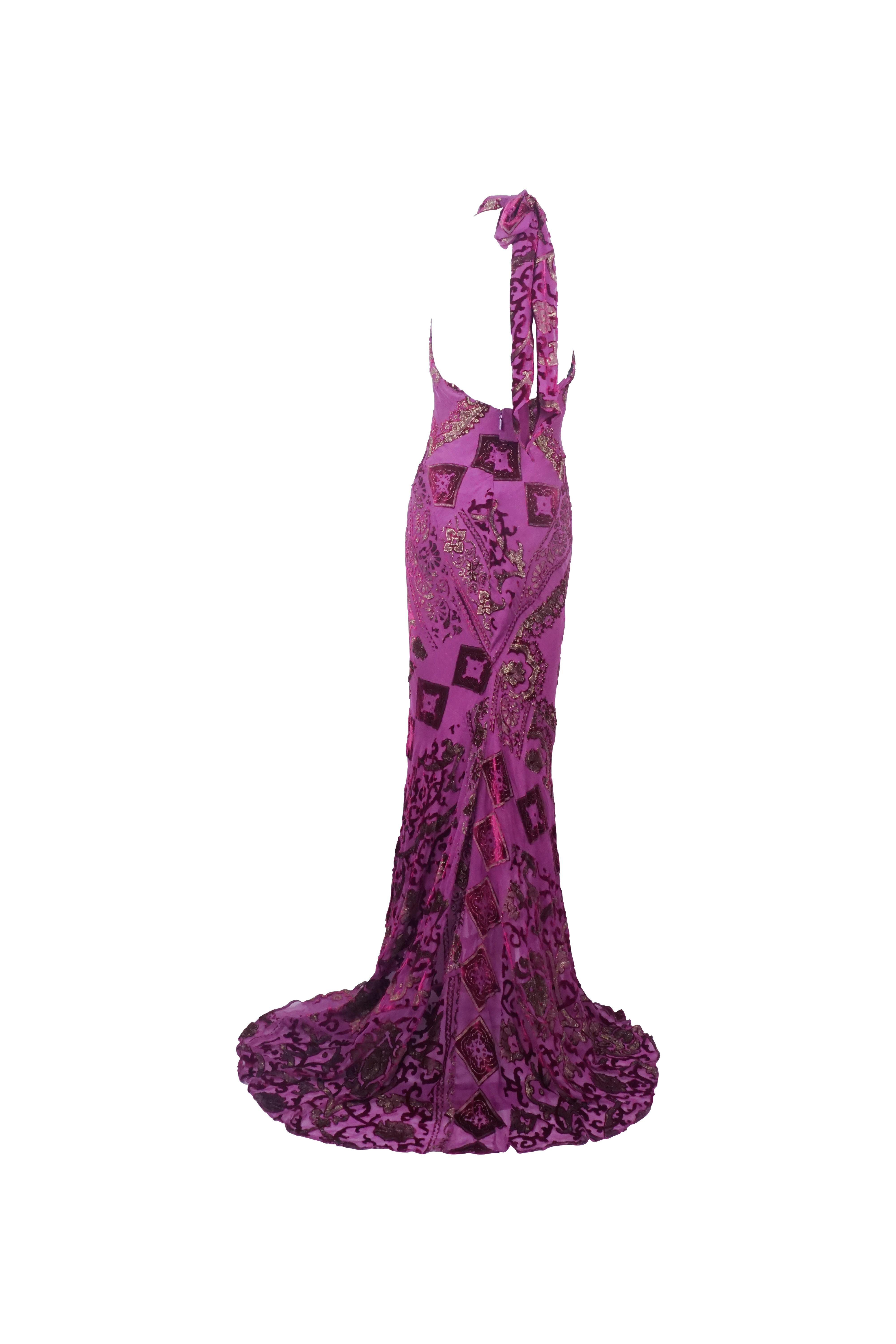 ROBERTO CAVALLI F/W 2004 Barock Lila Besticktes Neckholder Kleid NWT Damen im Angebot