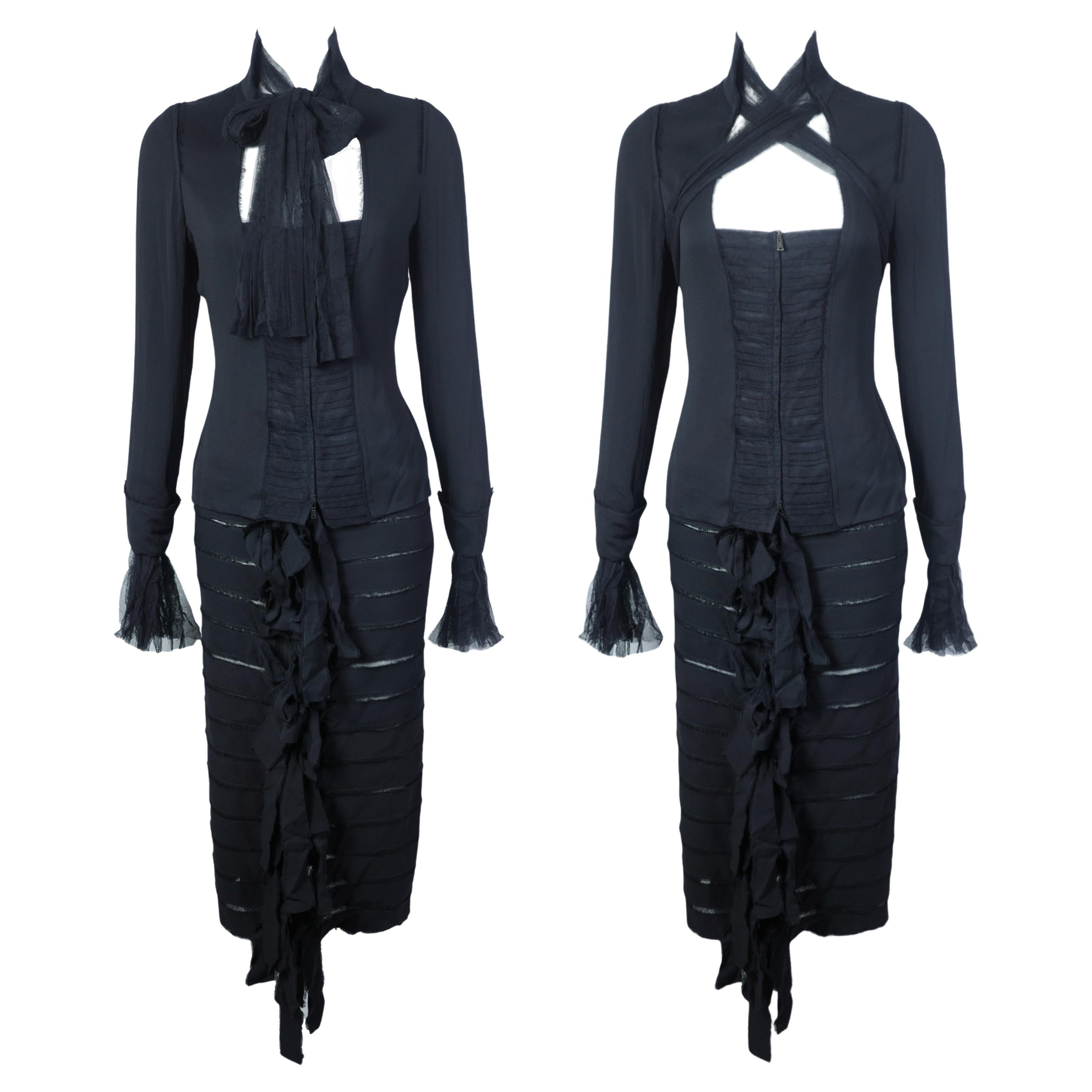 YVES SAINT LAURENT F/W 2002 Schwarzes gerafftes Seidenoberteil x Rock Set