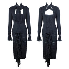 YVES SAINT LAURENT F/w 2002 Black Ruffled Silk Top x Skirt Set