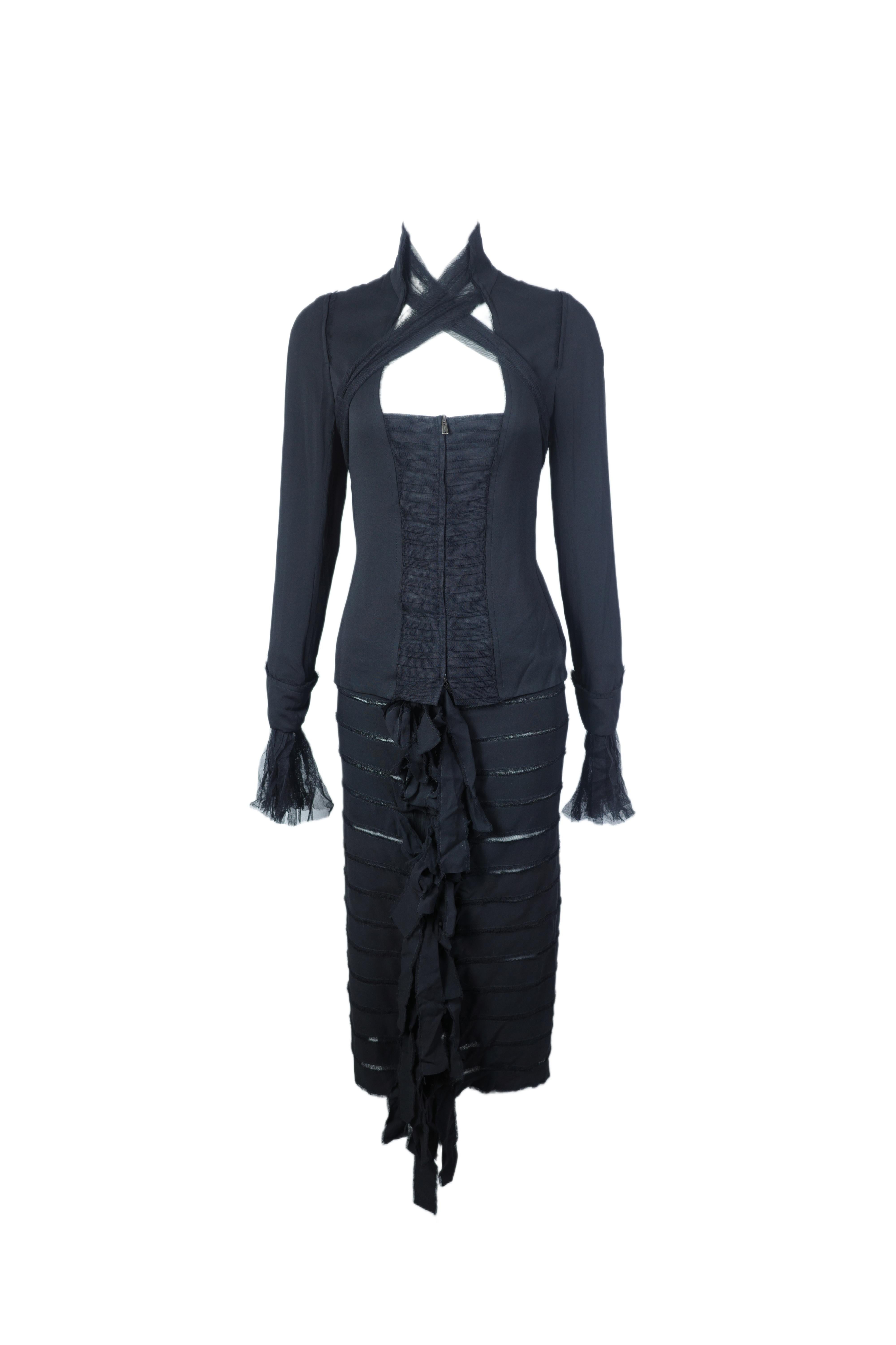 YVES SAINT LAURENT F/W 2002 Schwarzes gerafftes Seidenoberteil x Rock Set für Damen oder Herren im Angebot