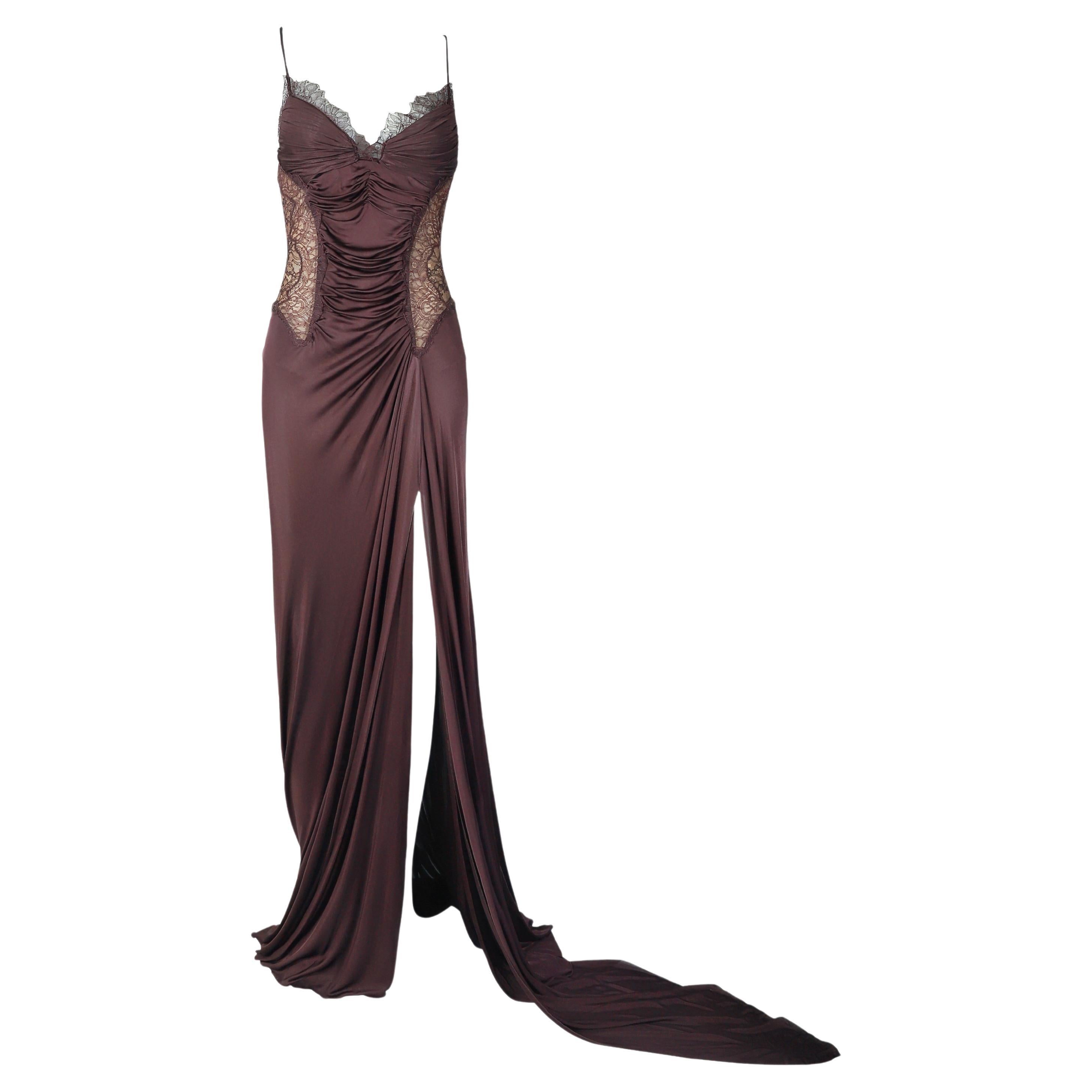 ROBERTO Cavalli F/W 2006 Plum Lace Side Panel Ruched Gown NWT en vente