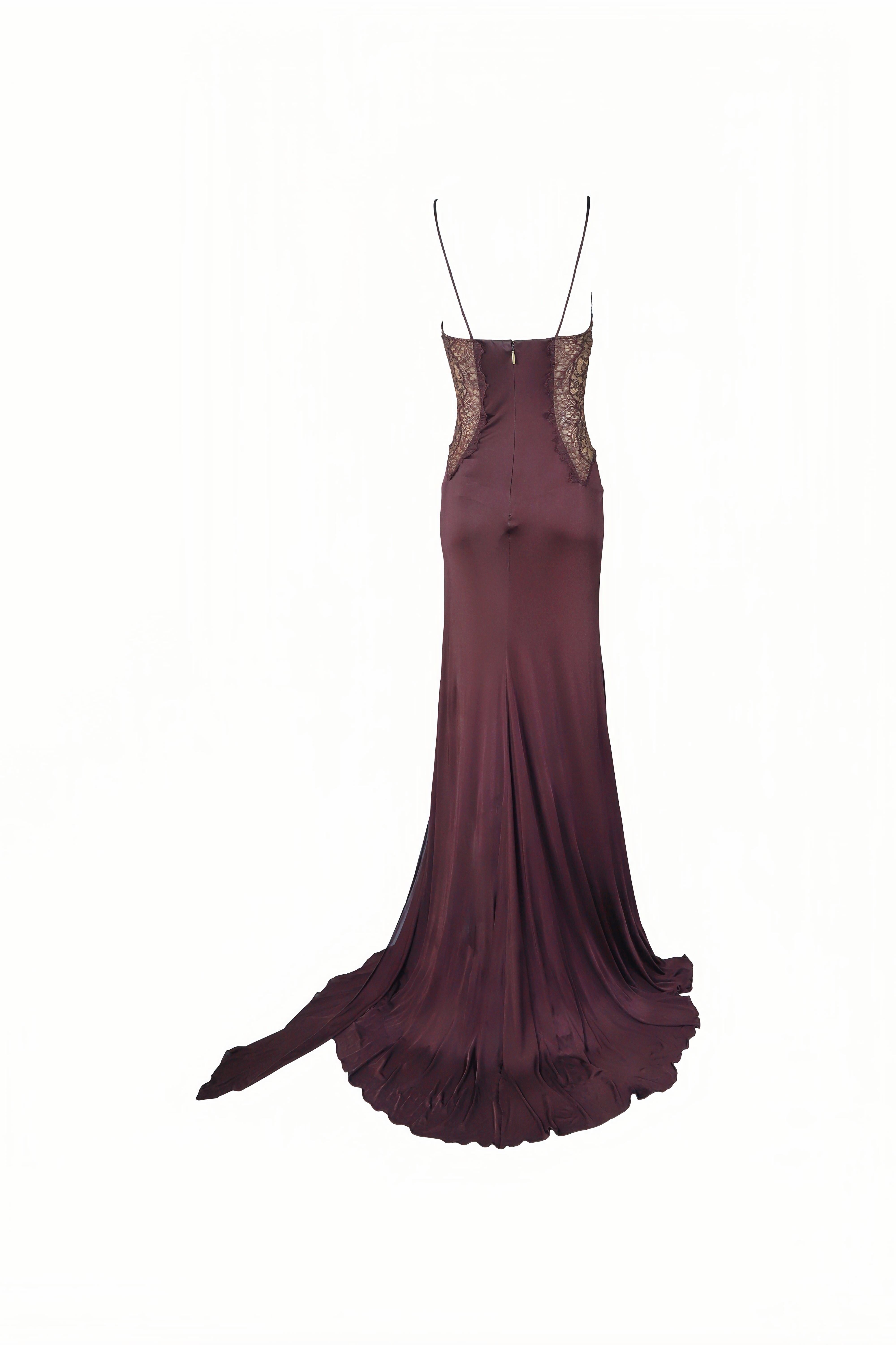 ROBERTO Cavalli F/W 2006 Plum Lace Side Panel Ruched Gown NWT Neuf - En vente à 上海市, CN