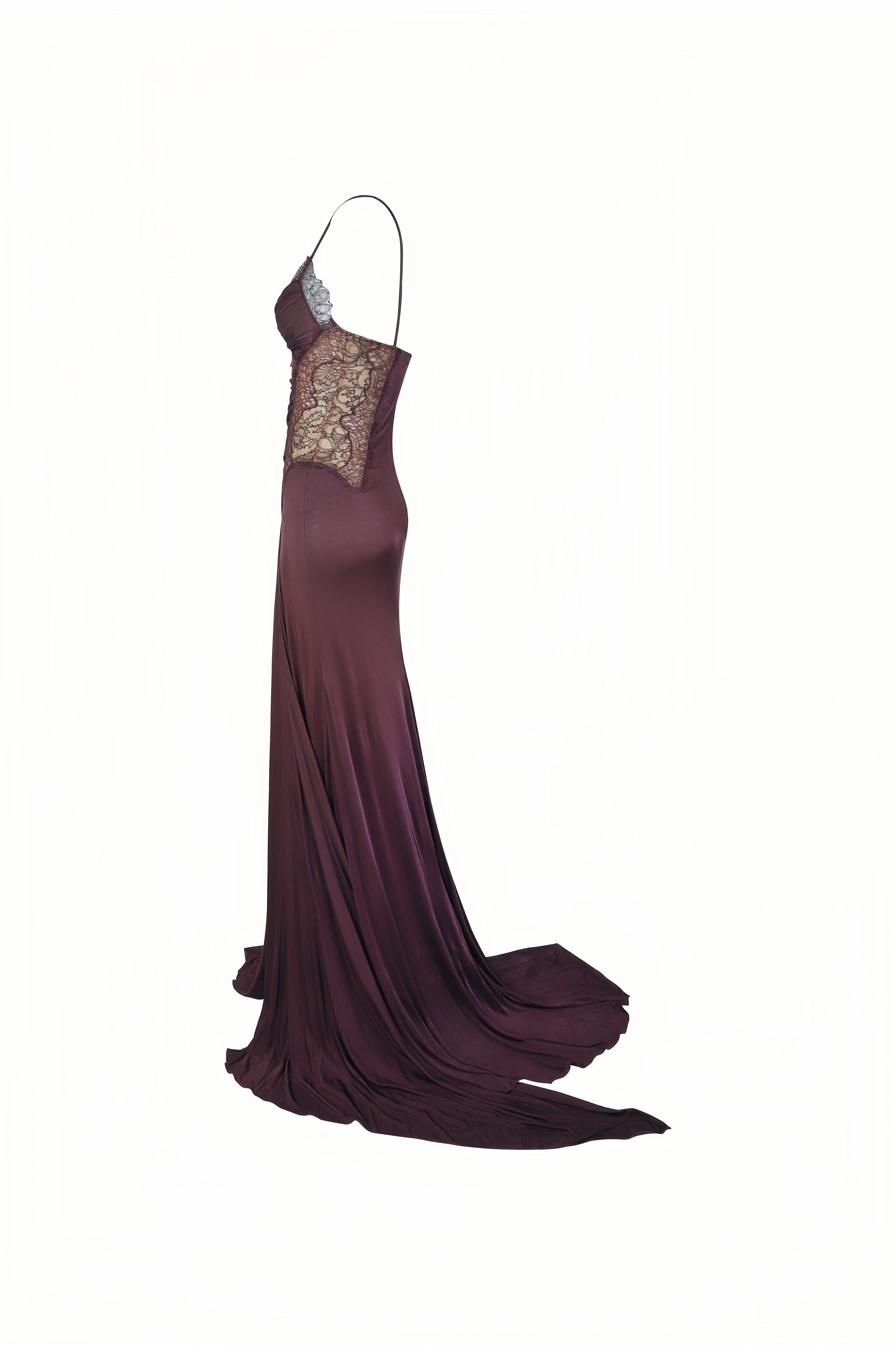 Noir ROBERTO Cavalli F/W 2006 Plum Lace Side Panel Ruched Gown NWT en vente