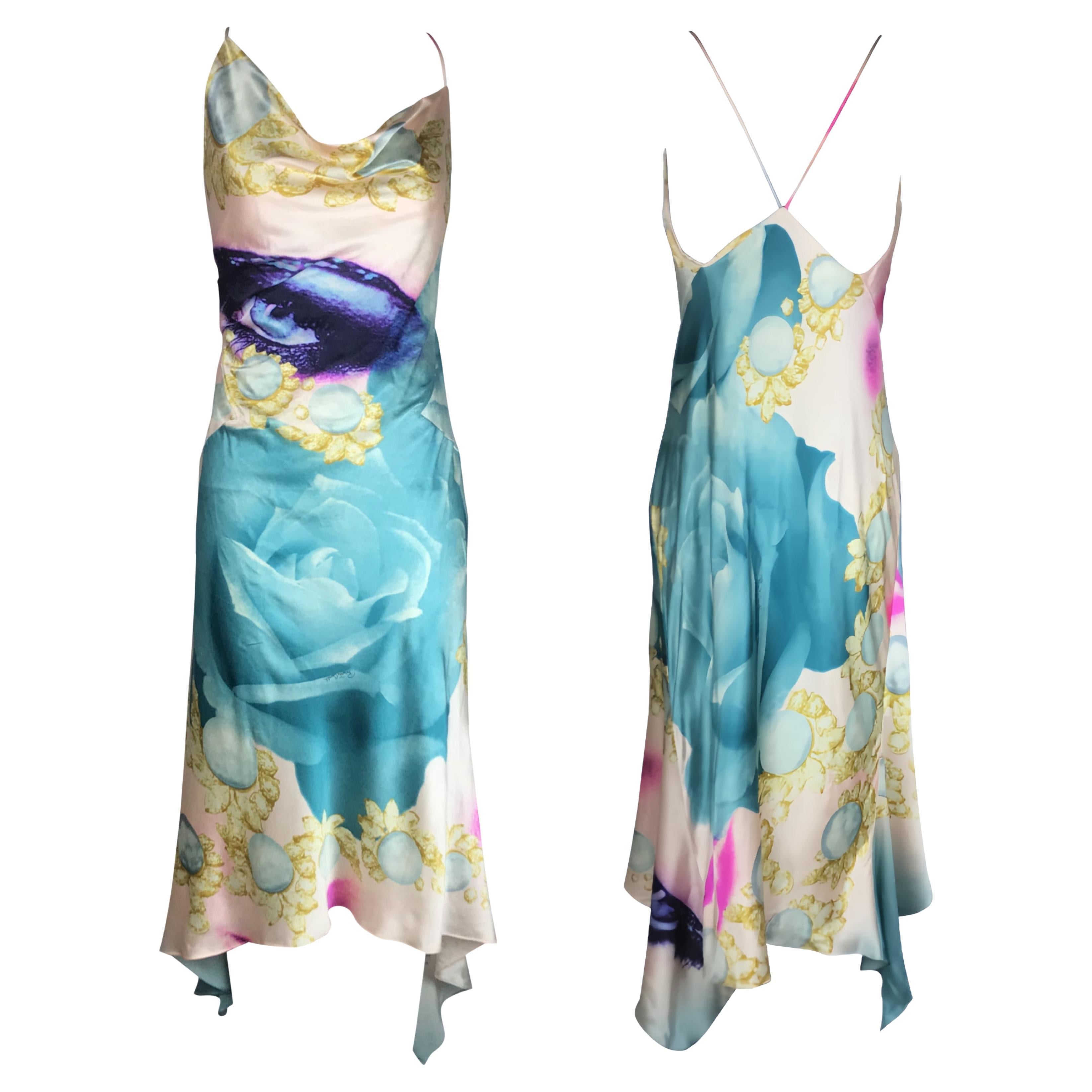 ROBERTO CAVALLI S/s 2001 - Robe drapée en soie bleue avec yeux d'Elizabeth Taylor en vente