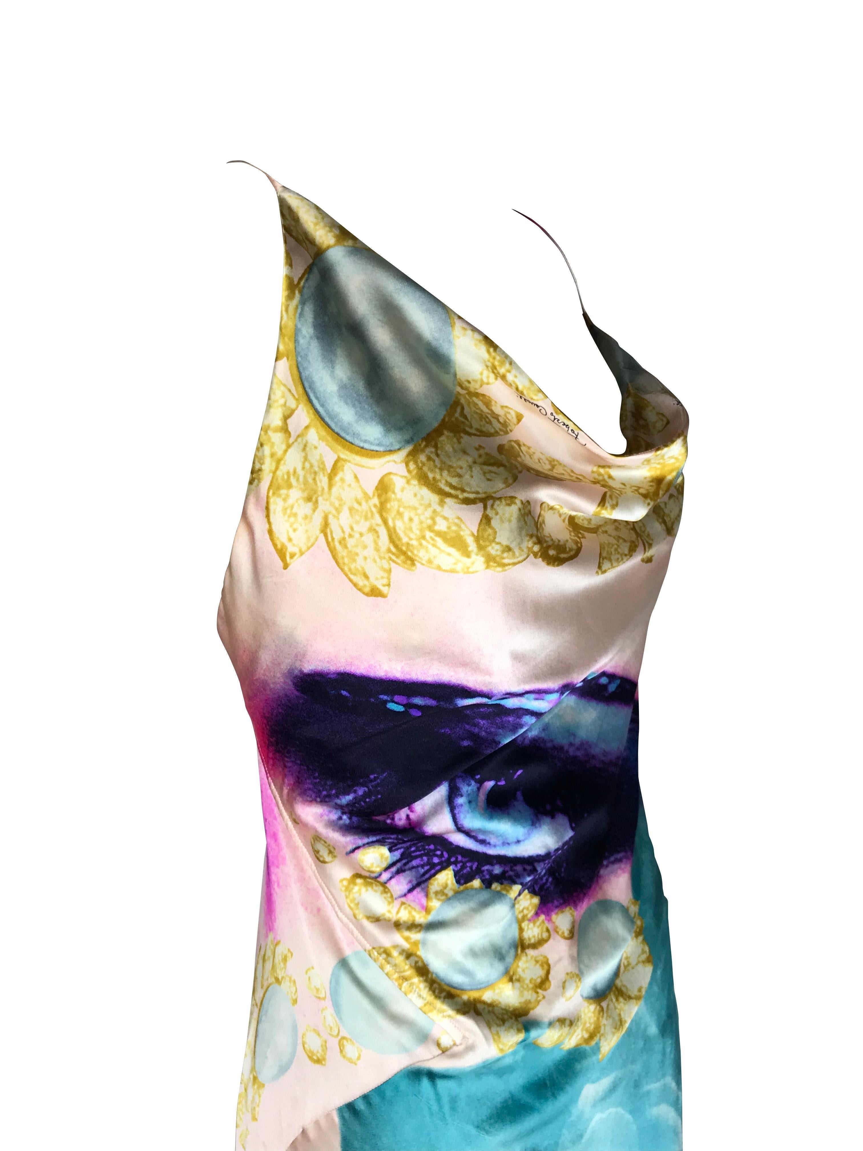 ROBERTO CAVALLI S/s 2001 - Robe drapée en soie bleue avec yeux d'Elizabeth Taylor en vente 3