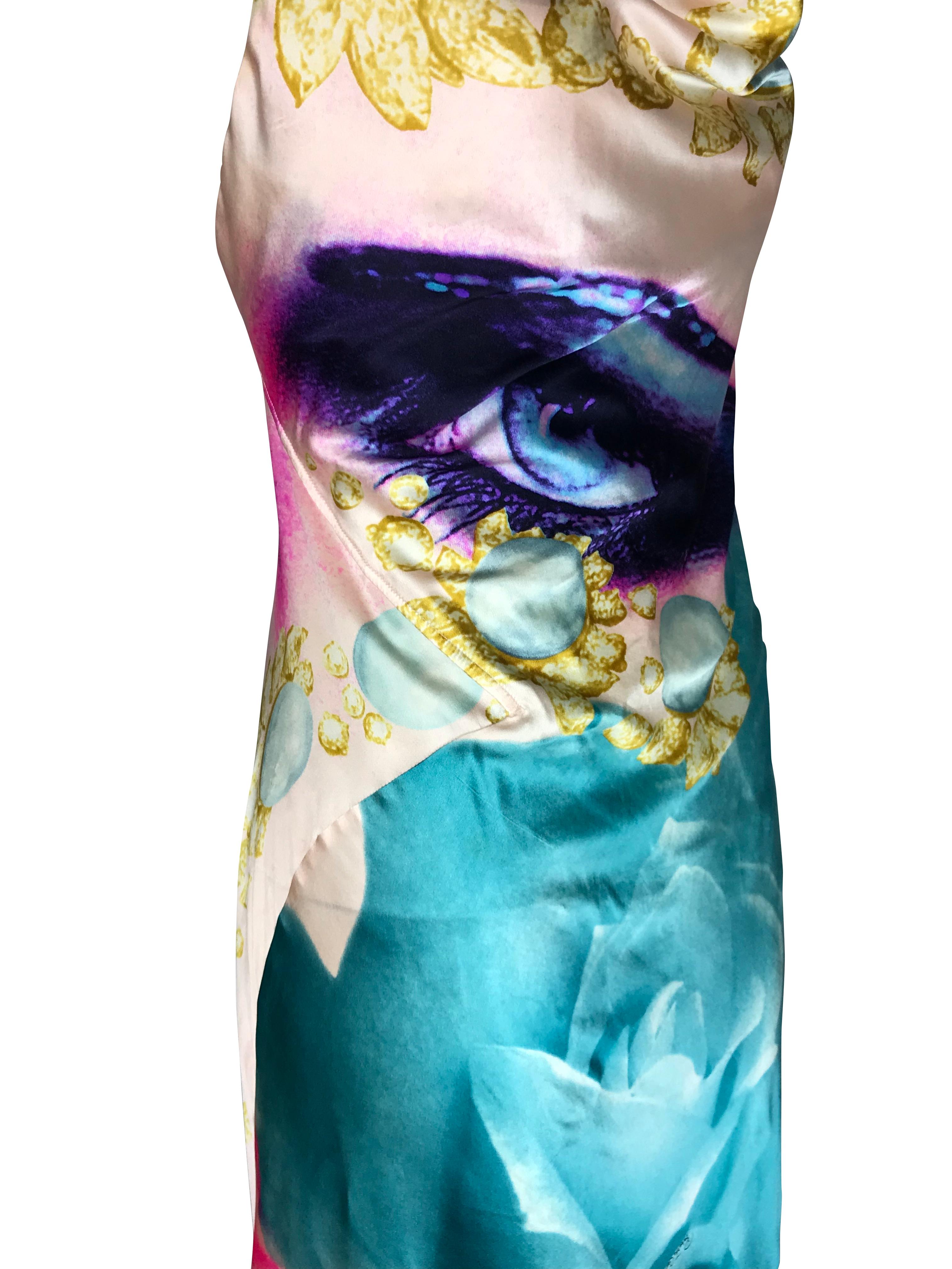 ROBERTO CAVALLI S/s 2001 - Robe drapée en soie bleue avec yeux d'Elizabeth Taylor en vente 4