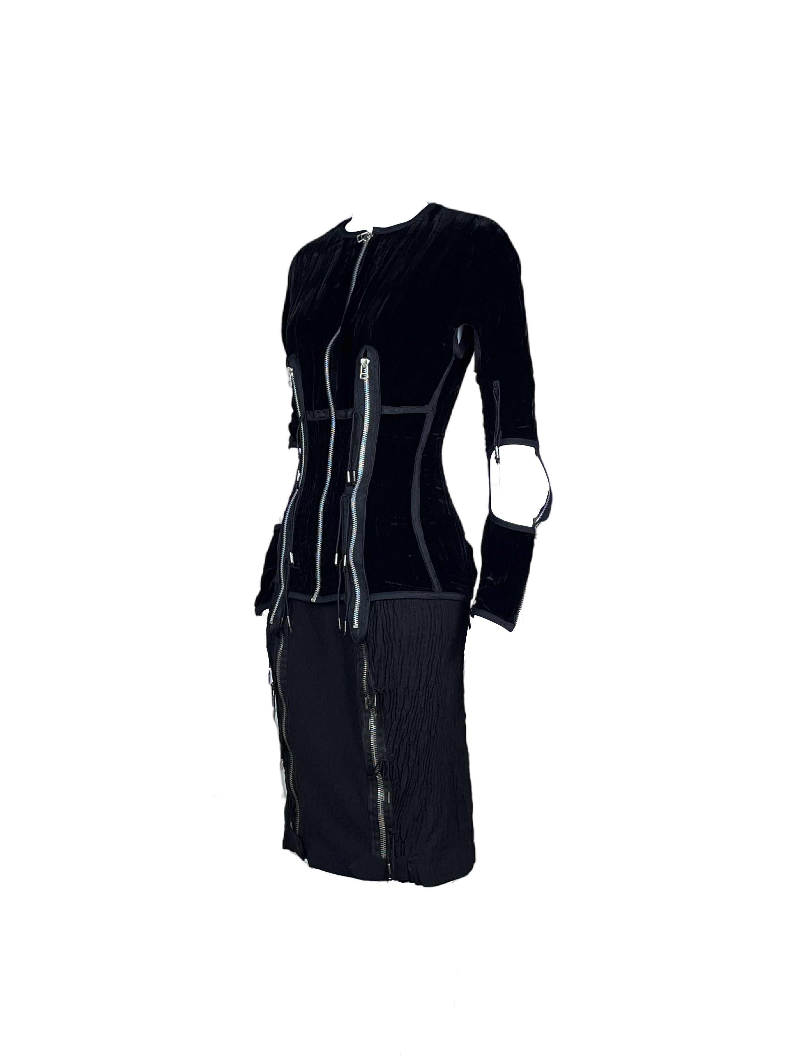 JEAN PAUL GAULTIER F/H 1989 Ensemble jupe découpée à fermeture éclair en velours noir Excellent état - En vente à 上海市, CN