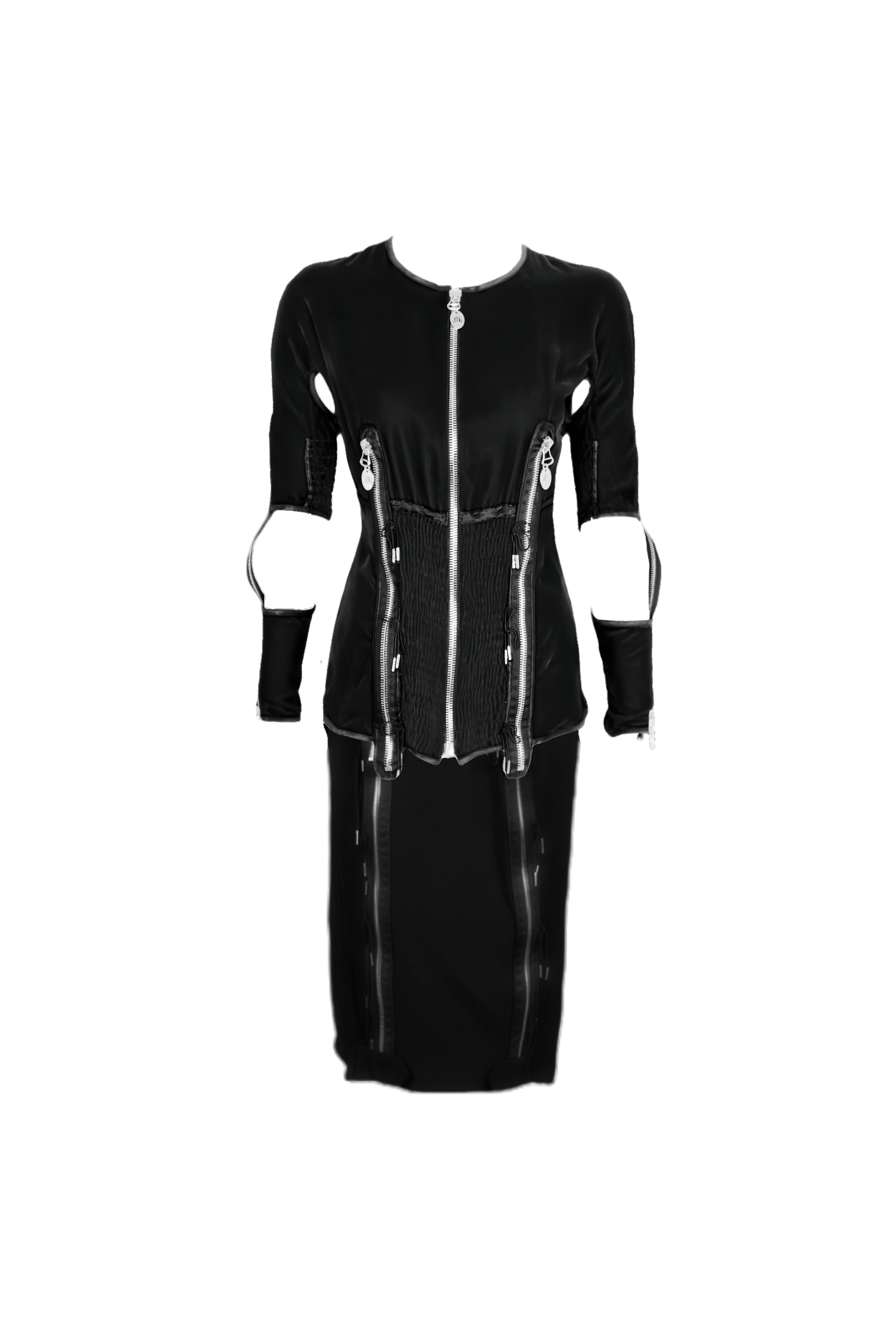 Noir JEAN PAUL GAULTIER F/H 1989 Ensemble jupe découpée à fermeture éclair en velours noir en vente