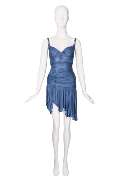 VERSACE S/s 2005 Metallic Denim Trompe Loeil Blue Mini Drape Dress
