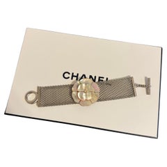 CHANEL Vintage Silver Mesh Camellia Mother of Pearl Bracelet