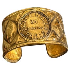 CHANEL Vintage Gold Rue Cambon Paris Quilted Cuff Bracelet