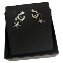CHANEL Silver & Black Crystal CC Star Stud & Ear Climber Earrings