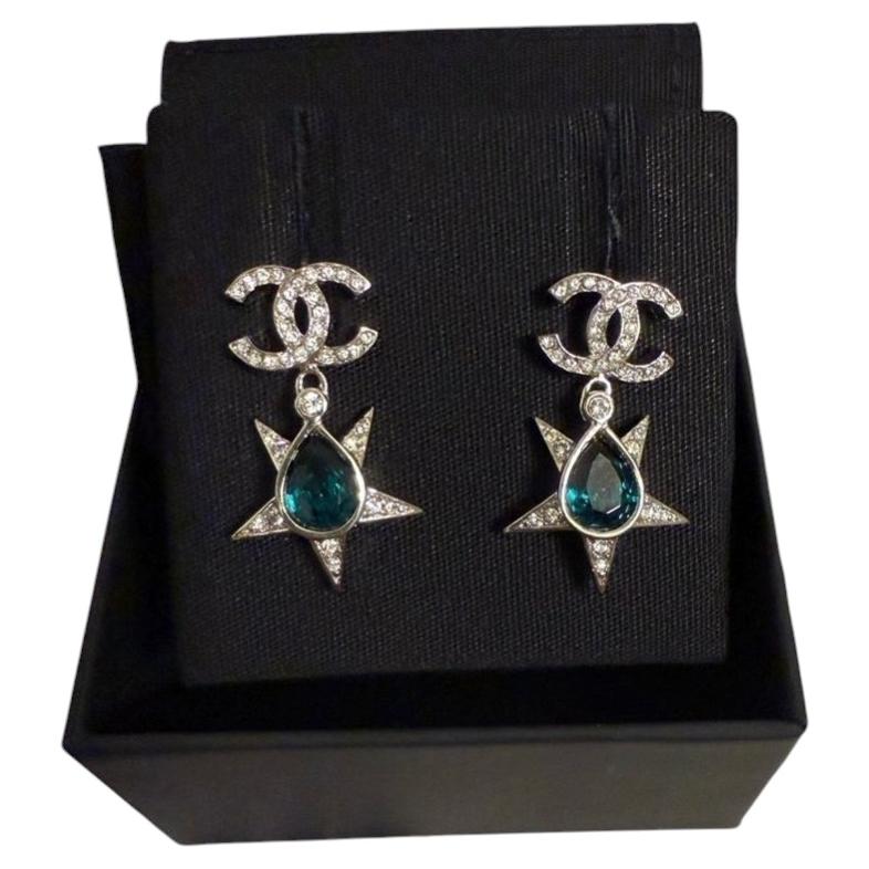 CHANEL‎ Silver Crystal CC Green Gem Star Dangle Earrings For Sale