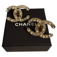 CHANEL Large Statement Crystal Faux Pearl CC Clip On Earrings