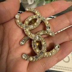 CHANEL Large Statement Crystal Faux Pearl CC Clip On Earrings