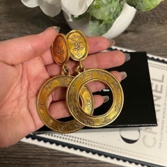 Chanel Vintage XL Gold Royal Crown CC Logo Dangle Clip On Earrings