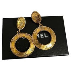 Chanel Vintage XL Gold Royal Crown CC Logo Dangle Clip On Earrings