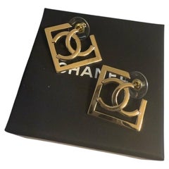 CHANEL Large Gold CC Square Hoop Dangle Earrings