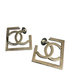 Chanel XL Oversized Grey CC Logo Square Hoop Drop Earrings