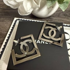 Chanel XL Oversized Grey CC Logo Square Hoop Drop Earrings