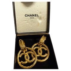 CHANEL Vintage Gold Circle CC Logo Hoop Clip On Earrings