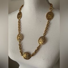 CHANEL Vintage Gold "CHANEL" CC Crown Logo Medallion Station Necklace