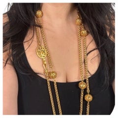 CHANEL Vintage Elegant Gold Chain CC Ball Long Station Necklace