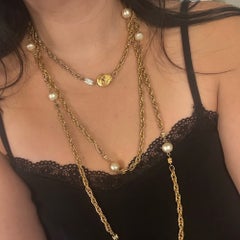 Chanel Vintage Gold CC Logo and Faux Pearl Long Station Necklace