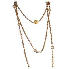 Chanel Vintage Gold CC Logo and Faux Pearl Long Station Necklace