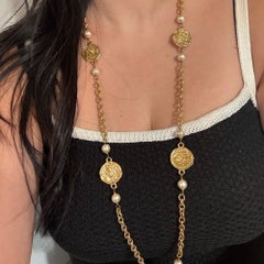CHANEL Vintage Gold Coin Medallion & Faux Pearl Station Necklace