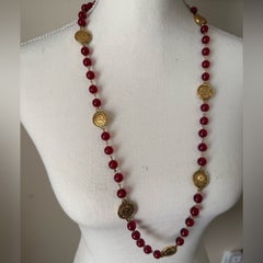 Chanel Vintage Gold Rue Cambon Coin Red Bead Long Station Necklace