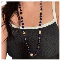 CHANEL Vintage Gold Chain Crystal Blue Beads Long Necklace