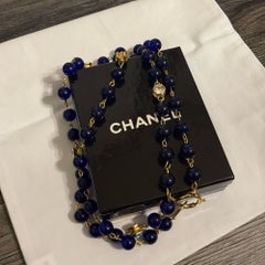 CHANEL Vintage Gold Chain Crystal Blue Beads Long Necklace