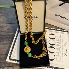 CHANEL Vintage Gold CC Medallion Green Jade Bead Chain Necklace