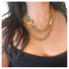 CHANEL Vintage Gold CC Medallion Green Jade Bead Chain Necklace