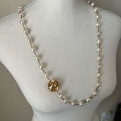 CHANEL Vintage Gold Circle CC Faux Pearl Long Necklace